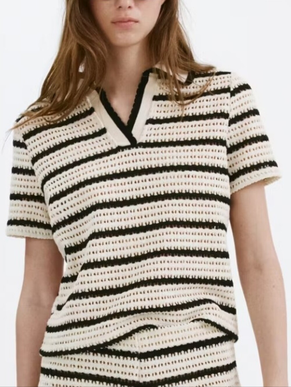 Mango NEW MNG Miffy Black Ivory Crochet Knit Johnny Collar Polo Sweater SZ Small
